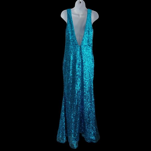 Morgan & Co Aqua Marine Mermaid Prom Formal Sequin Sparkly Gown Mesh Dress 11 - Picture 3 of 14